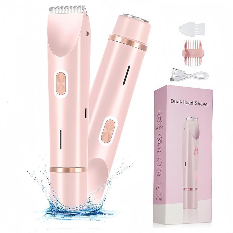 Waterproof dual-head women's electric shaver in pink with retail box, comb and USB cable
