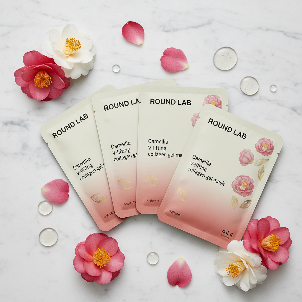 Round Lab Camellia V-Lifting Gel Mask 4 sheets flat lay on marble surface with pink and white camellia flowers
