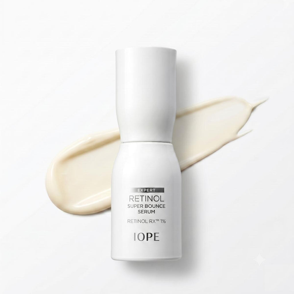 IOPE Expert Retinol Super Bounce Serum 30ml – white pump bottle with cream serum swatch on white background
