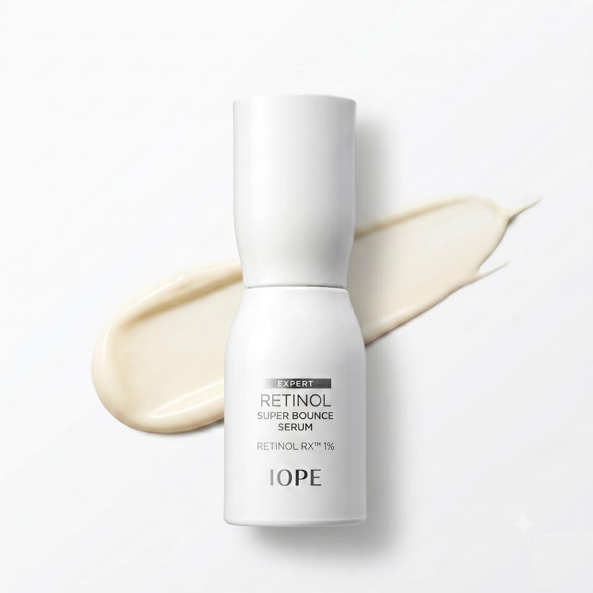 IOPE Expert Retinol Super Bounce Serum 30ml – white pump bottle with cream serum swatch on white background
