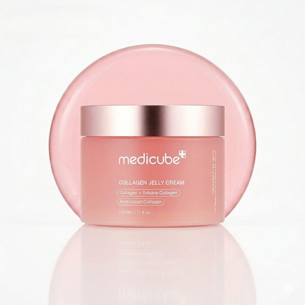 MEDICUBE Collagen Jelly Cream 110ml – pink jar with rose gold lid on clean background
