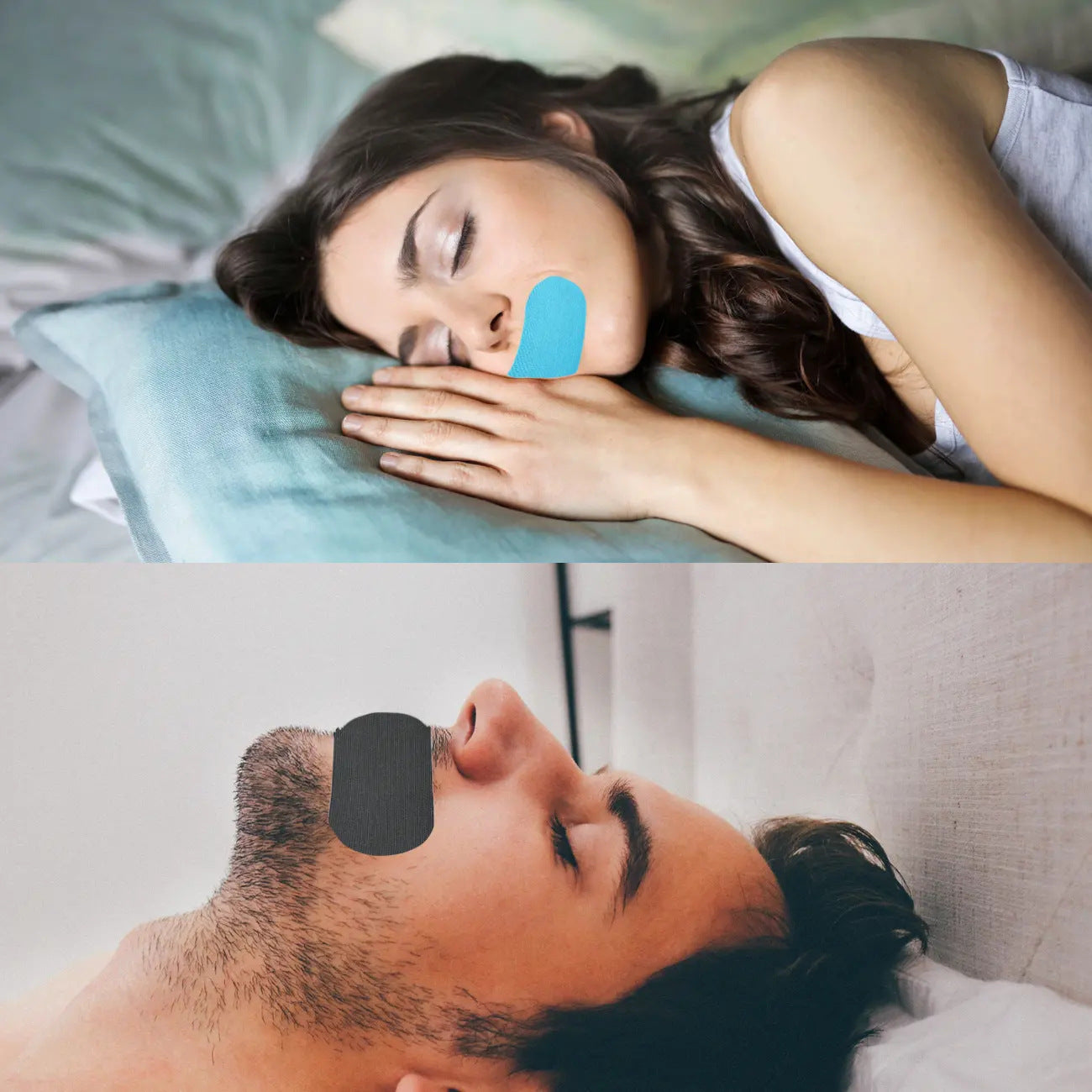 Woman and man sleeping with Anti-Mouth-Opening Tape applied on lips — nasal breathing sleep aid for couples — Glow Ritual


