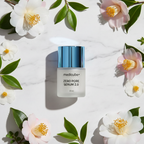 MEDICUBE Zero Pore Serum 2.0 flat lay with camellia flowers on white marble surface Korean skincare

