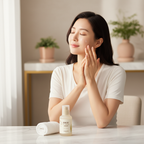 Asian woman patting serum onto face with fingertips, SKINFOOD Rice Brightening Serum bottle on vanity table, K-beauty skincare ritual
