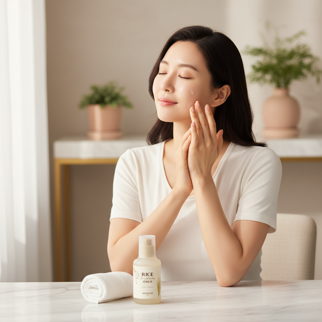 Asian woman patting serum onto face with fingertips, SKINFOOD Rice Brightening Serum bottle on vanity table, K-beauty skincare ritual
