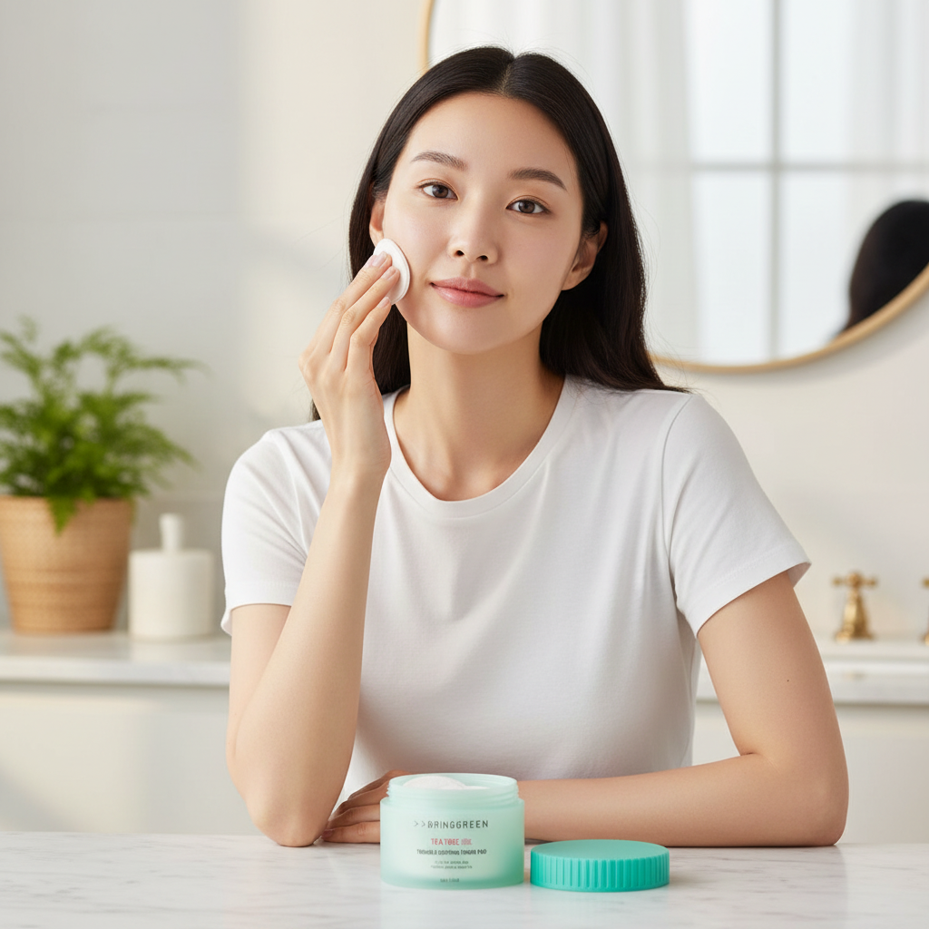 East Asian female model naturally applying BRINGGREEN Tea Tree Cica toner pad to face, open container with lid placed flat on counter, candid morning skincare
