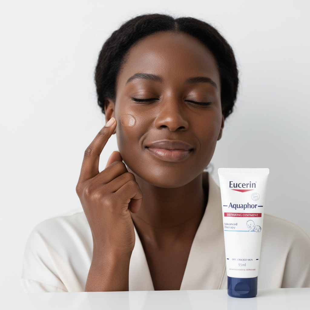 Black woman applying Eucerin Aquaphor Repairing Ointment on face, inclusive dermatological care — Glow Ritual
