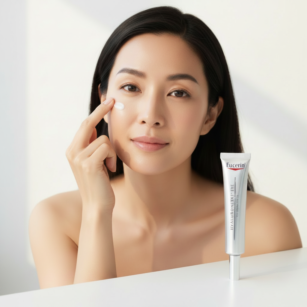 Korean woman applying Eucerin Hyaluron 3X Eye Cream under eye area, K-beauty anti-aging routine — Glow Ritual

