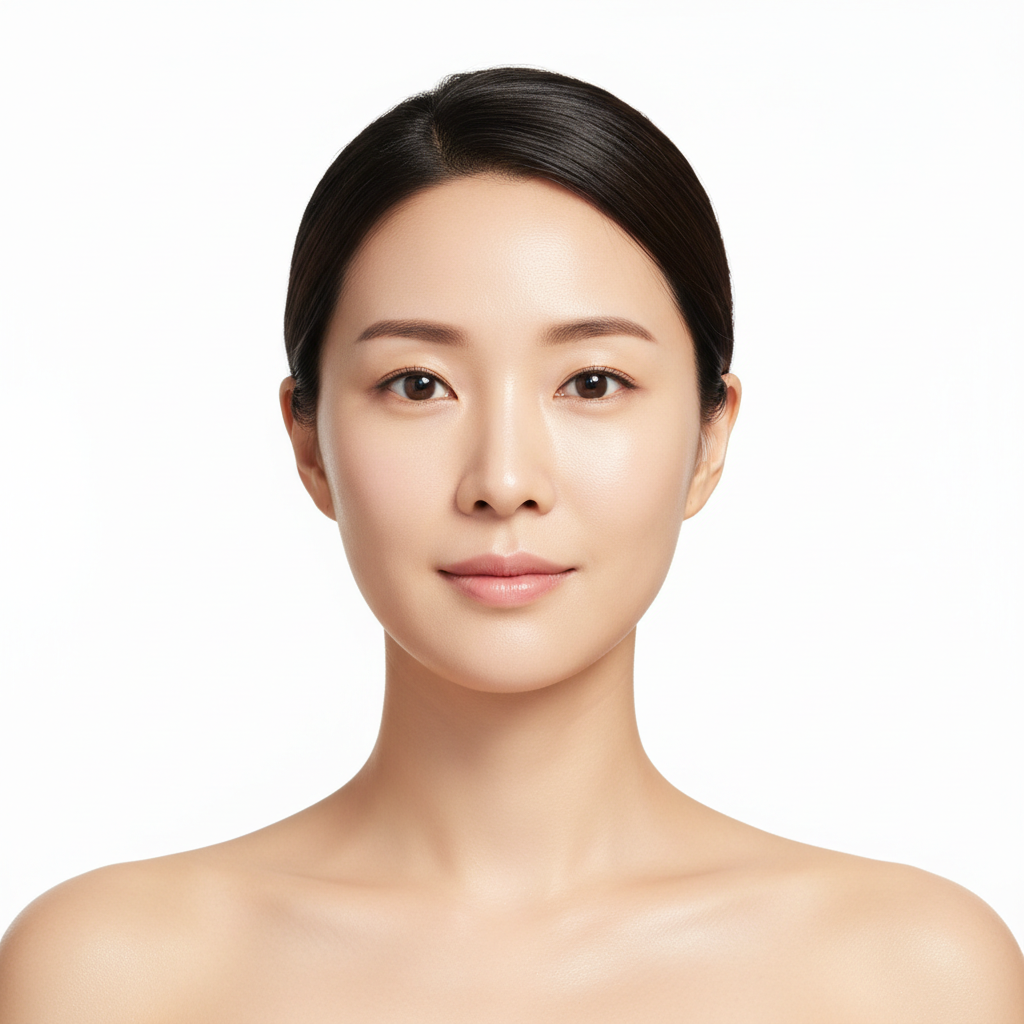 Korean woman with luminous glass skin facing forward after Blanc Nature Heartleaf Toner — Glow Ritual
