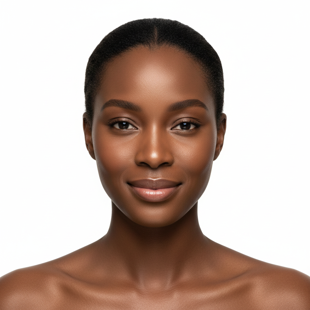 Black woman with visibly firm bright radiant skin after using SKINFOOD Banana PDRN Booster Serum, confident beauty result
