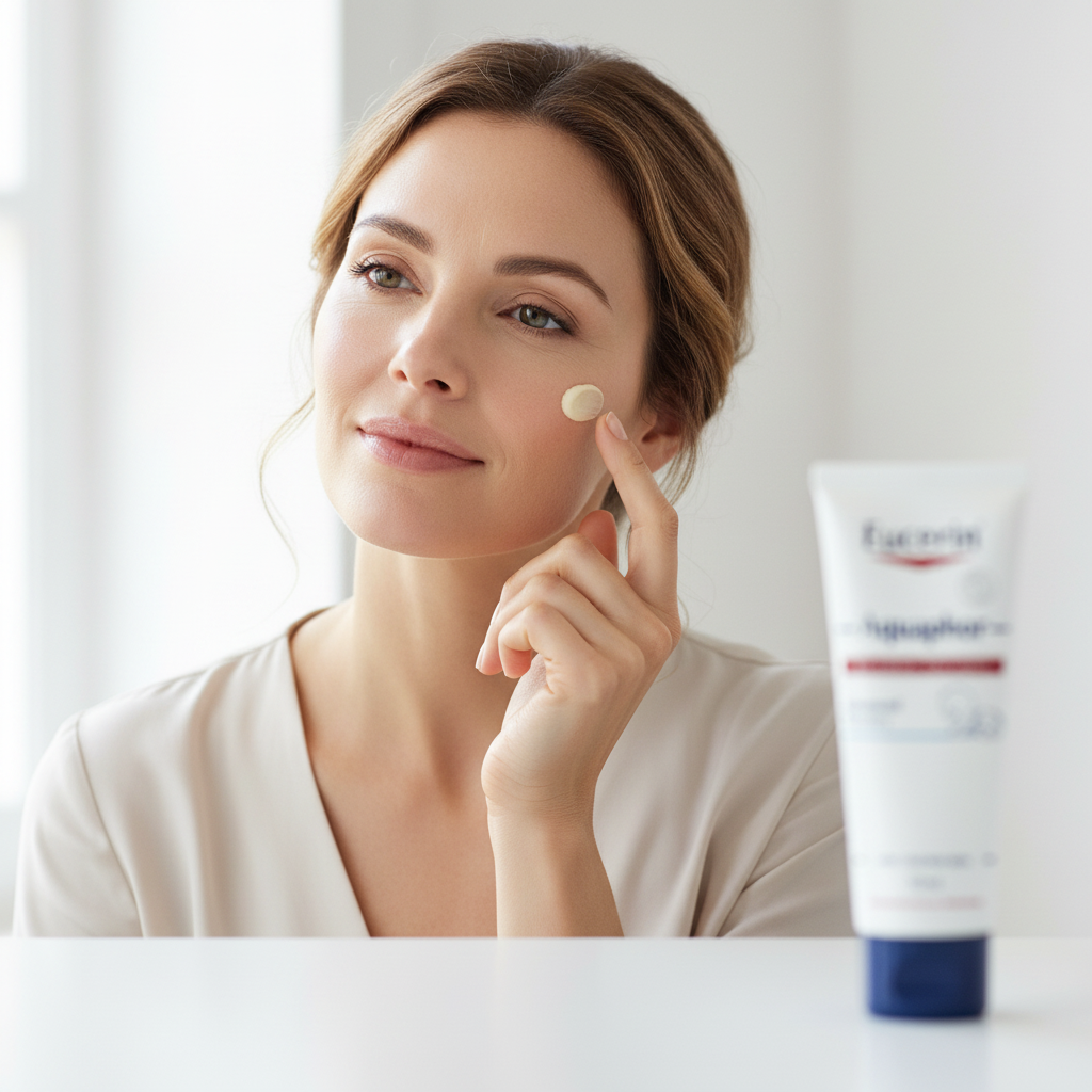 Western woman applying Eucerin Aquaphor Repairing Ointment on face, dermatological skin repair — Glow Ritual
