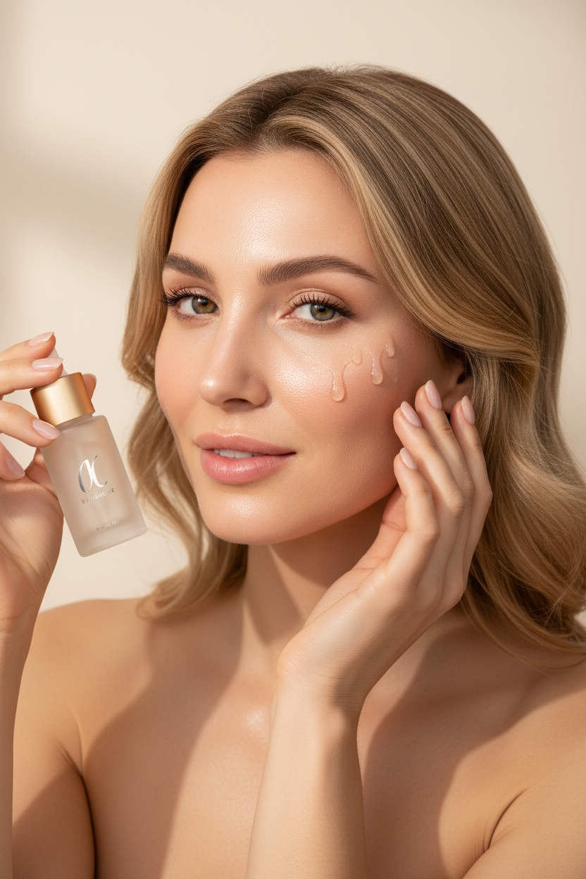 Western woman with blonde hair applying Beauty of Joseon Revive Serum drops on cheek with warm beige background

