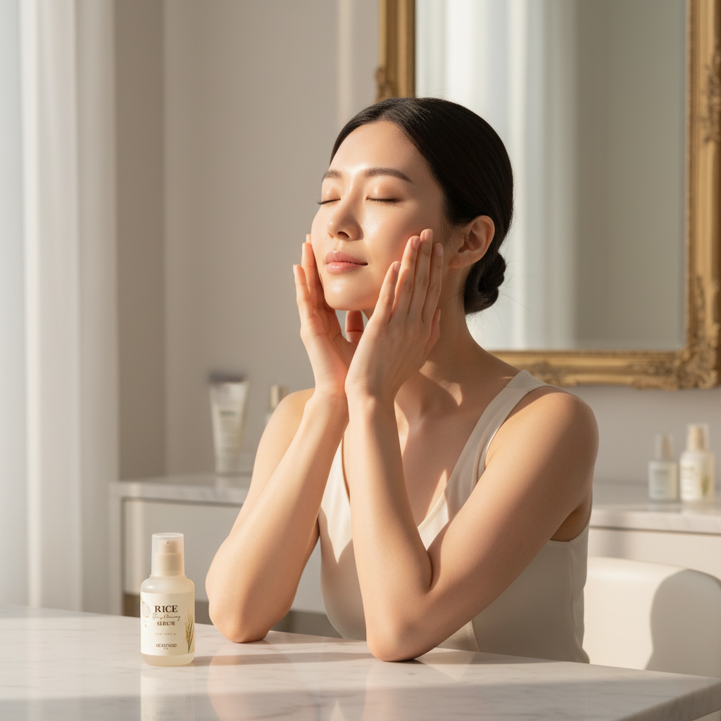 Asian woman pressing both palms onto face in K-beauty hand press technique with SKINFOOD Rice Brightening Serum on marble vanity table

