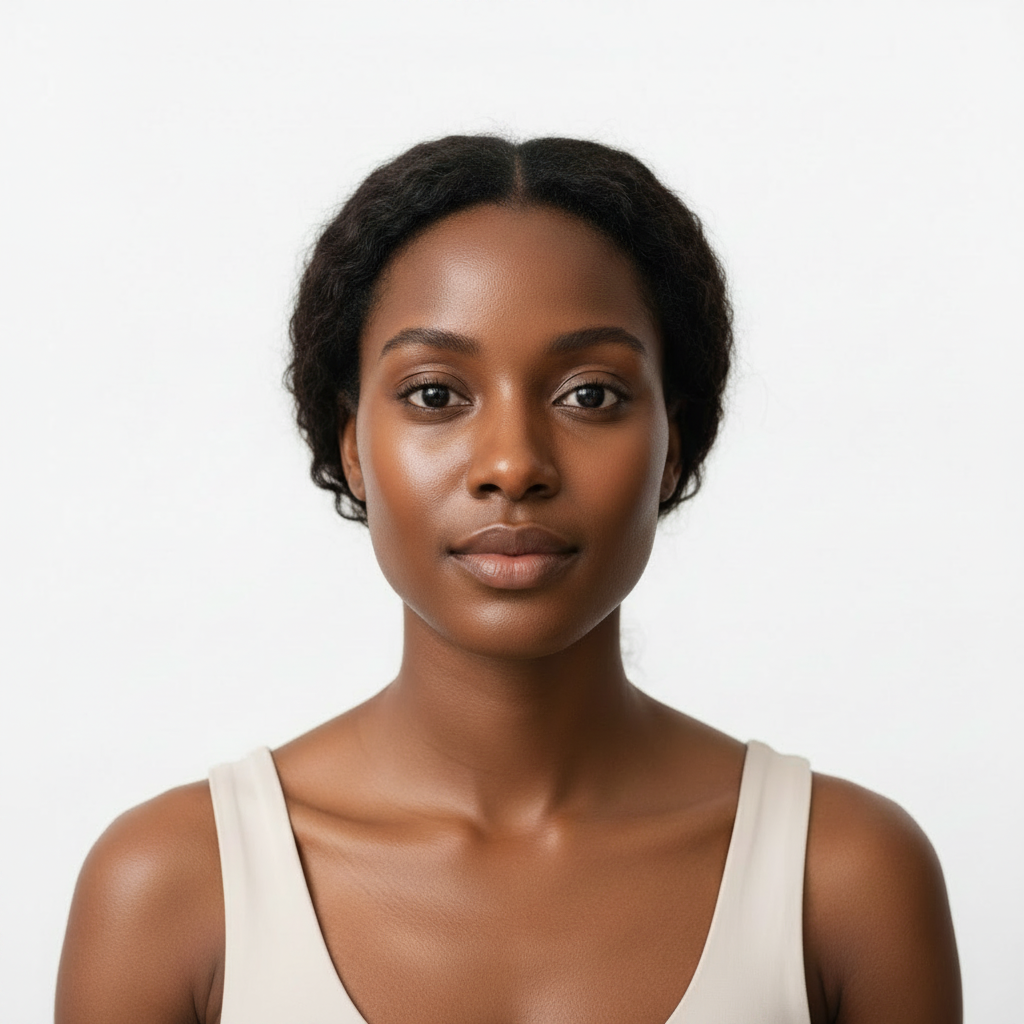Black woman with radiant glowing skin facing forward after SKINFOOD Shine Muscat Cica Daily Mask — Glow Ritual
