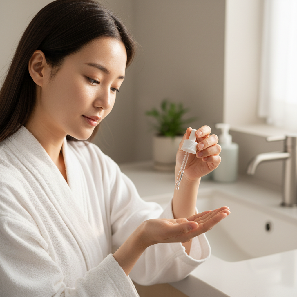 Korean woman dispensing SKINFOOD Carrot Carotene essence from dropper bottle, K-beauty skincare — Glow Ritual

