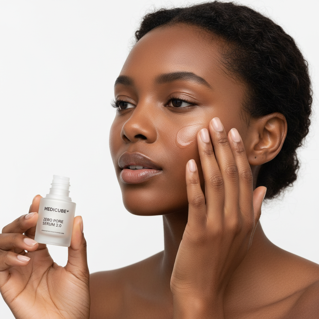 Black woman naturally applying MEDICUBE Zero Pore Serum 2.0 to her face for smooth skin
