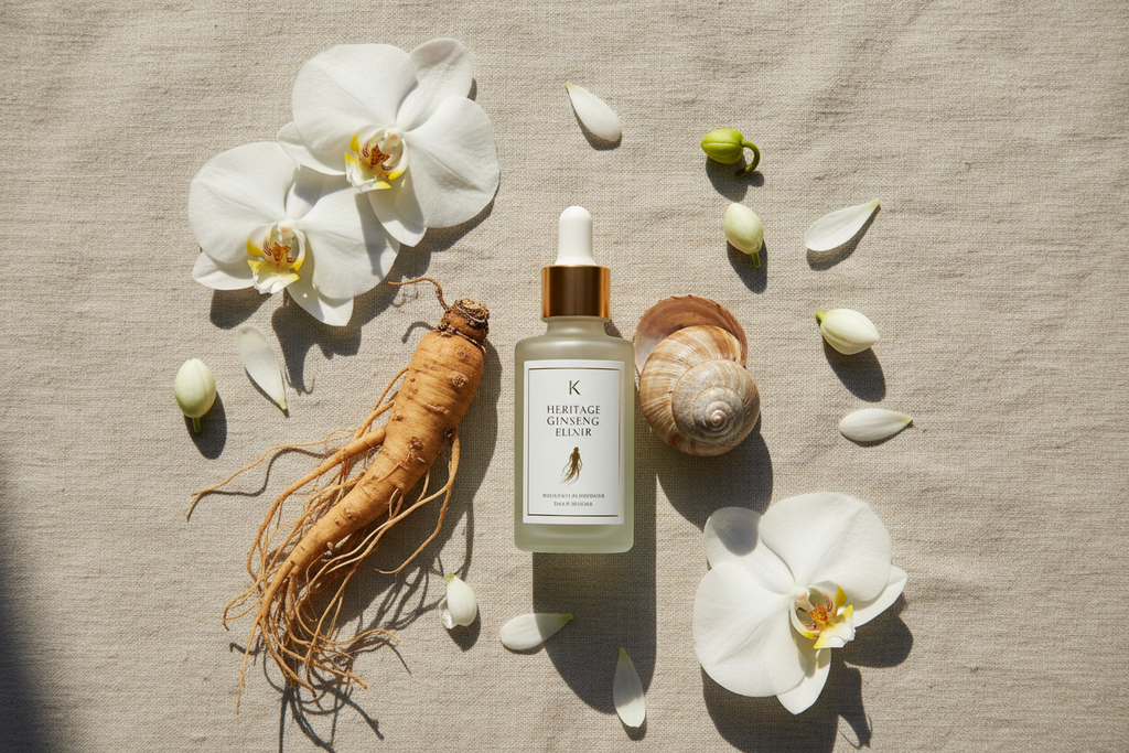 Beauty of Joseon Revive Serum 60ml flat lay with ginseng root snail shell and white orchid flowers on linen background
