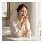 Asian woman applying SKINFOOD Rice Brightening Serum at marble vanity table, bottle visible on table, K-beauty morning skincare routine
