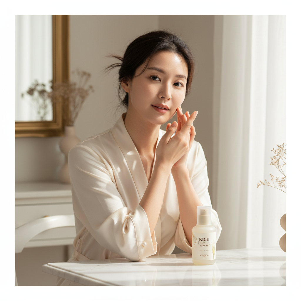 Asian woman applying SKINFOOD Rice Brightening Serum at marble vanity table, bottle visible on table, K-beauty morning skincare routine
