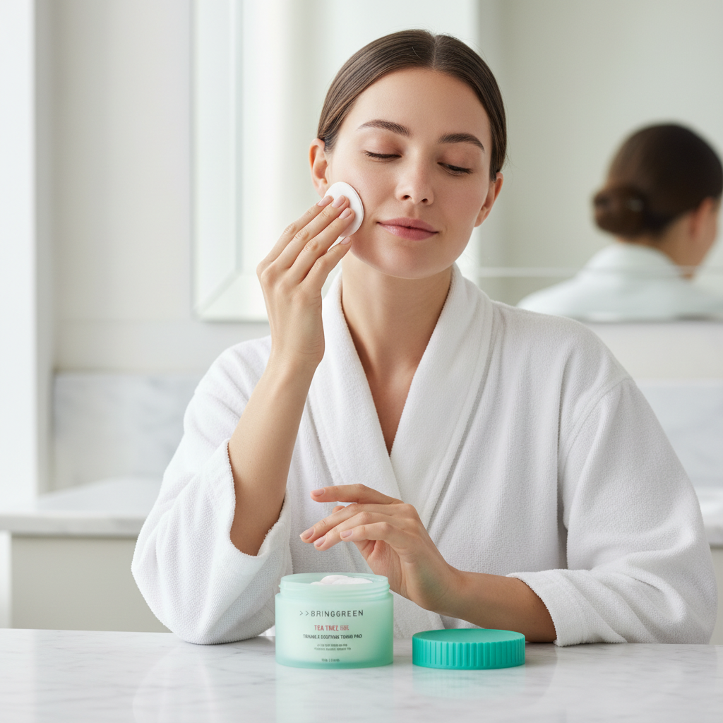 Caucasian female model applying BRINGGREEN Tea Tree Cica toner pad to face, open mint green container with lid placed flat on bathroom counter

