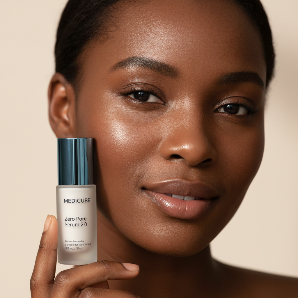 Black woman with glowing radiant skin after using MEDICUBE Zero Pore Serum 2.0 pore minimizing serum
