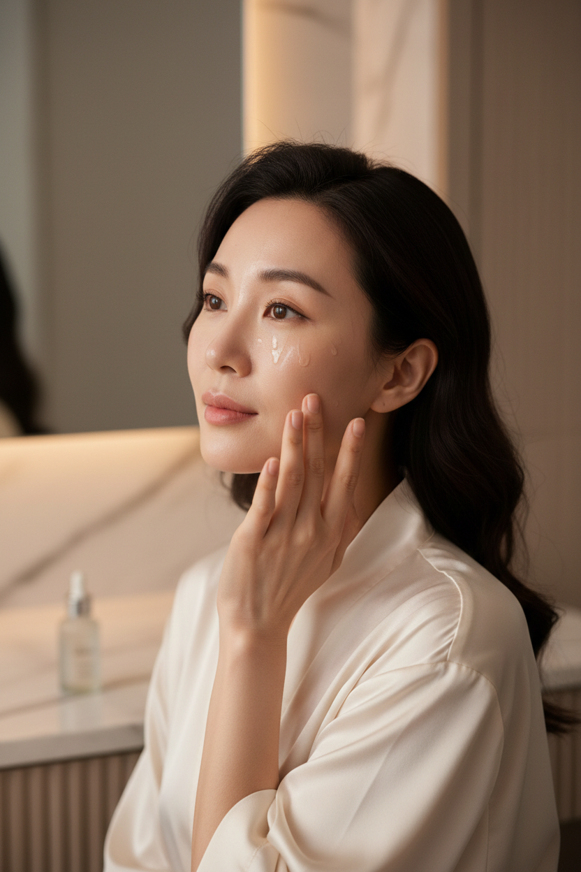 Asian model applying Beauty of Joseon Revive Serum Ginseng Snail Mucin on glowing skin in soft natural light
