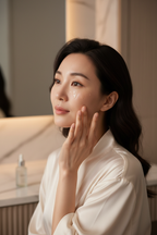 Asian model applying Beauty of Joseon Revive Serum Ginseng Snail Mucin on glowing skin in soft natural light
