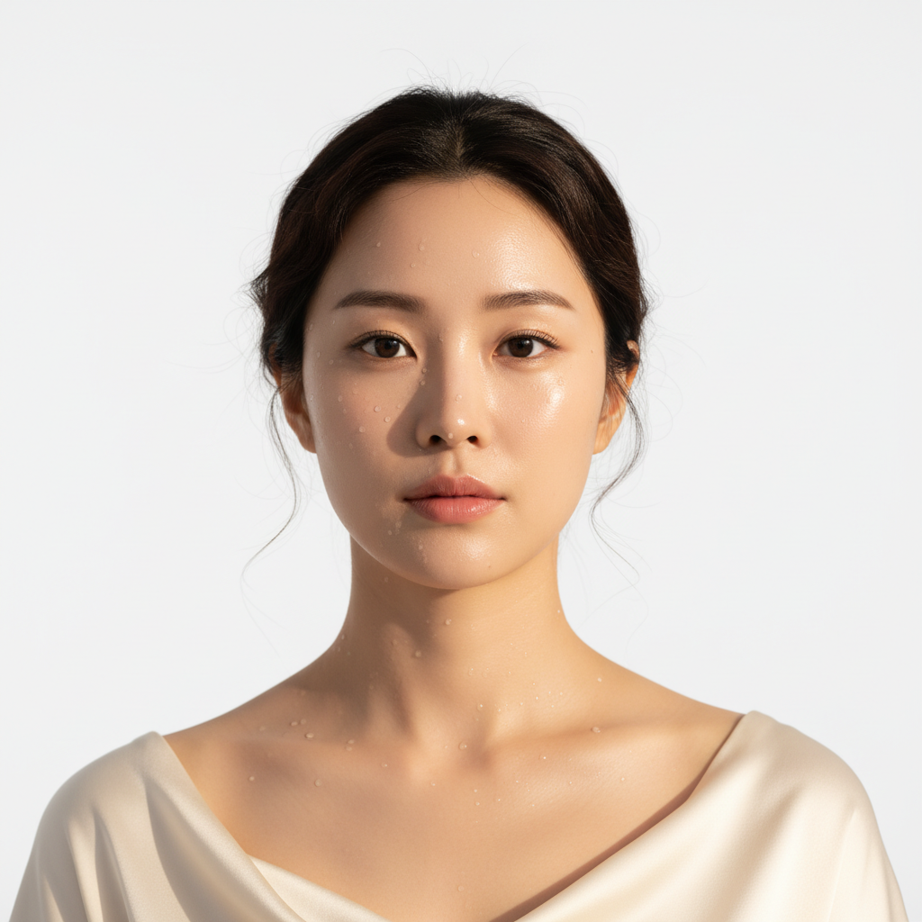 Korean woman with luminous dewy skin after Eucerin Hyaluron Mist Spray — Glow Ritual
