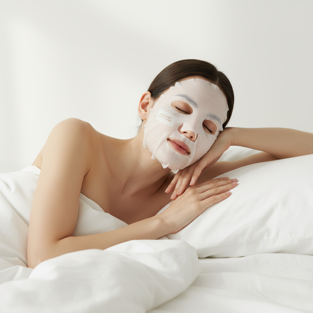 Western woman wearing white I'm From Mugwort Sheet Mask, K-beauty spa skincare routine — Glow Ritual
