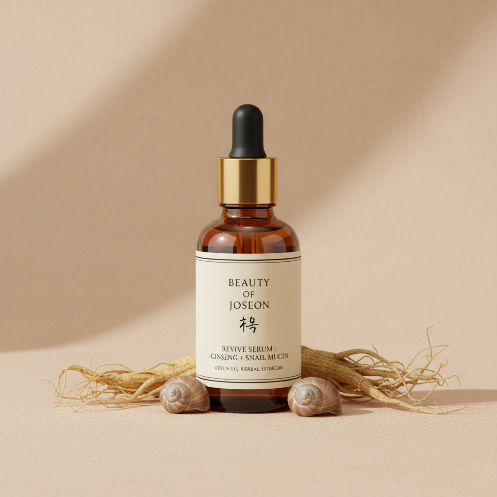 Beauty of Joseon Revive Serum 60ml frosted bottle with ginseng root and snail mucin ingredient detail product shot
