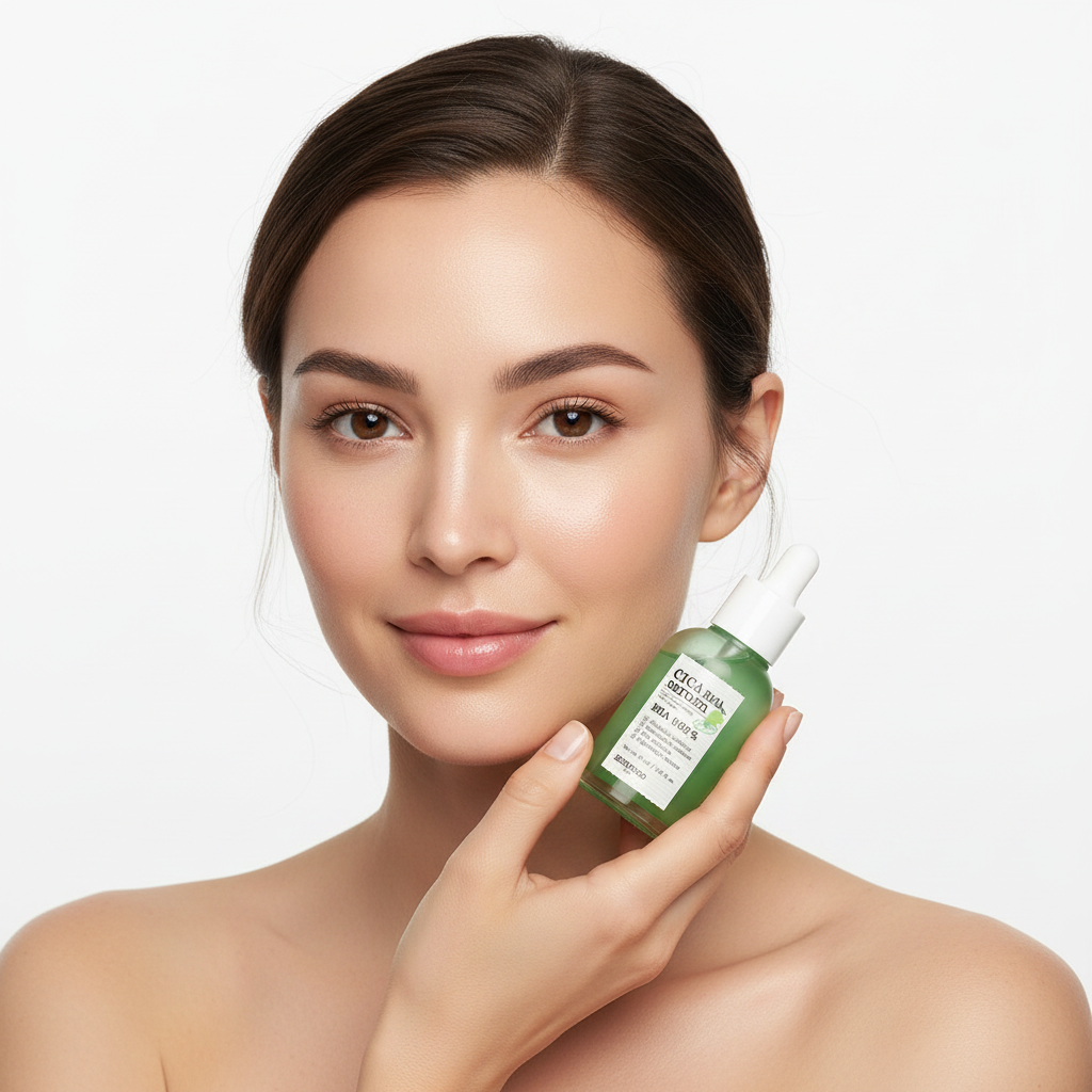 Western woman with clear glowing skin naturally holding SKINFOOD Cica BHA Serum, premium K-beauty skincare lifestyle
