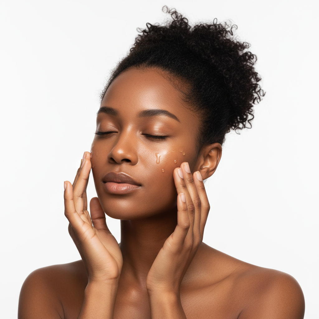 Black woman gently applying SKINFOOD Rice Brightening Serum onto face, natural skincare routine, dewy glowing skin, K-beauty lifestyle

