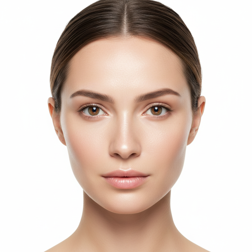 Western woman with radiant poreless skin looking at camera, clean beauty result after using SKINFOOD Cica BHA Serum
