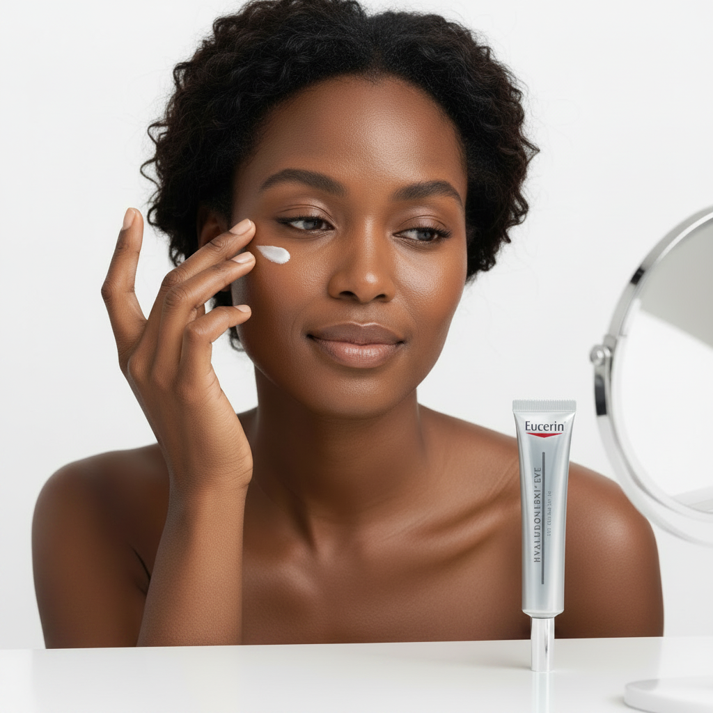 Black woman applying Eucerin Hyaluron 3X Eye Cream under eye area, inclusive anti-aging skincare — Glow Ritual
