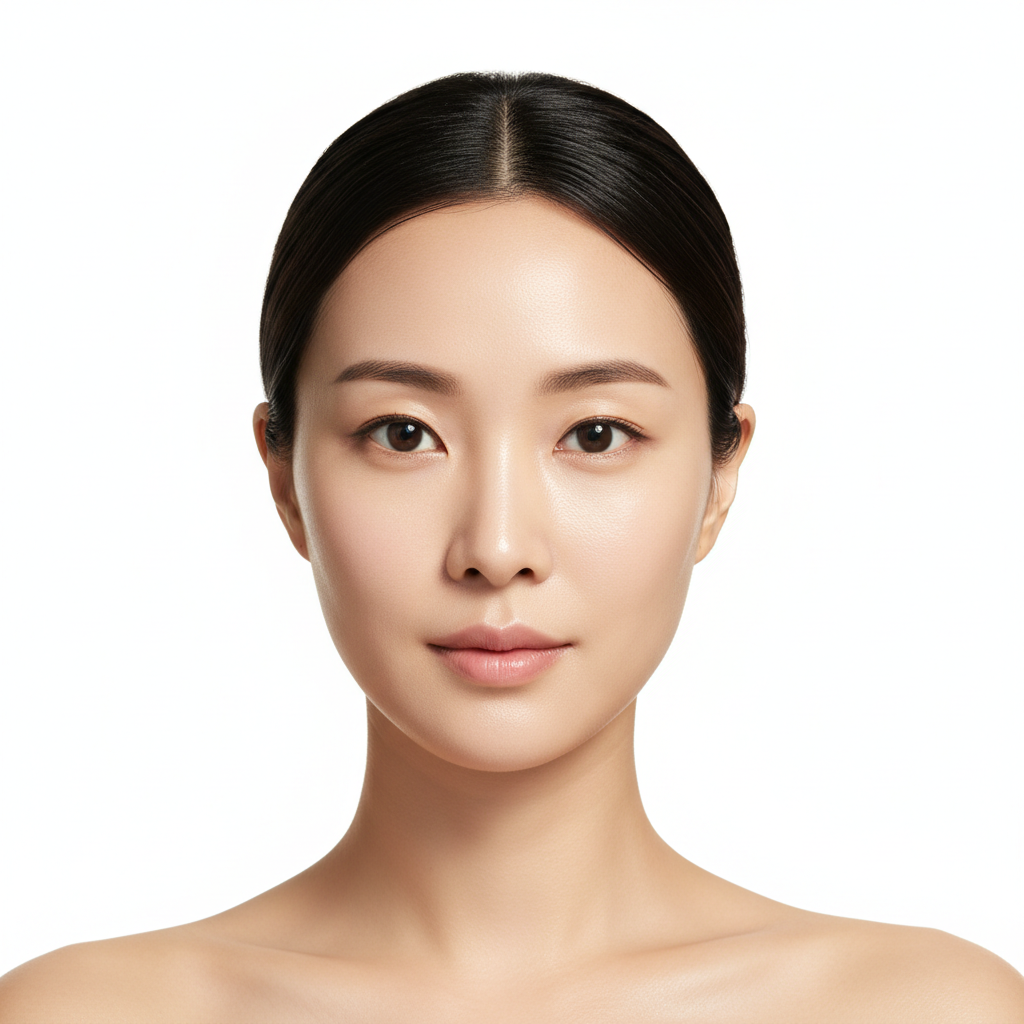 Korean woman with luminous glass skin facing forward after SKINFOOD Shine Muscat Cica Mask — Glow Ritual
