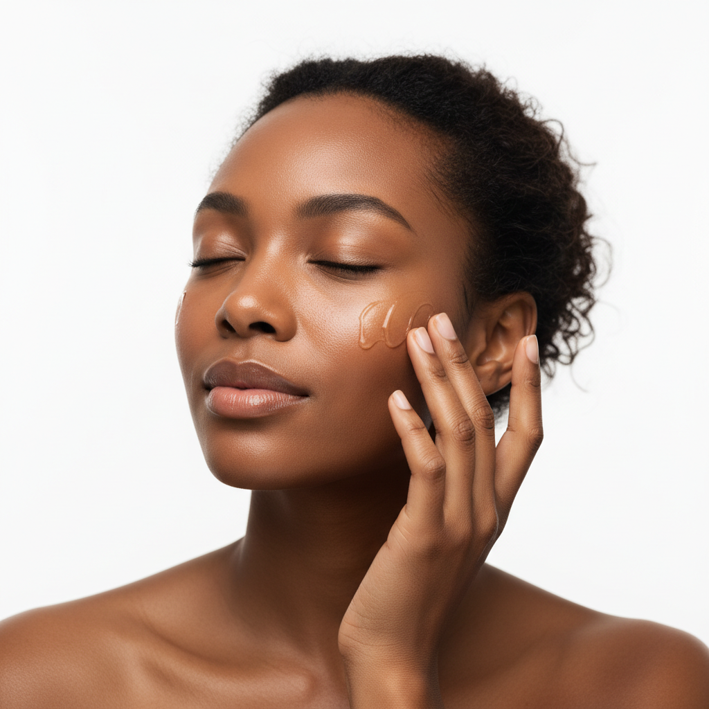 Black woman gently applying SKINFOOD Cica BHA Serum to face, natural skincare routine, dewy glowing skin
