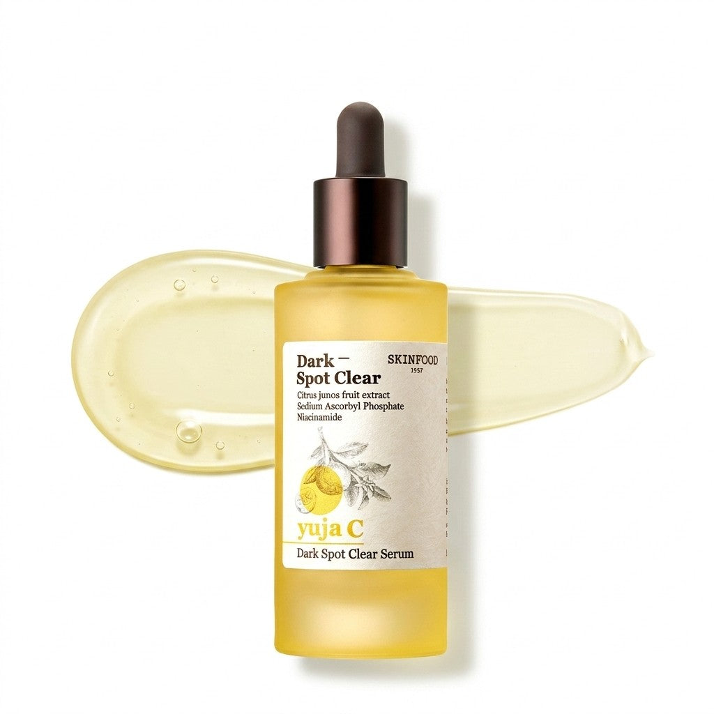 SKINFOOD Yuja C Dark Spot Clear Serum 50ml with golden serum texture swatch — Vitamin C brightening serum
