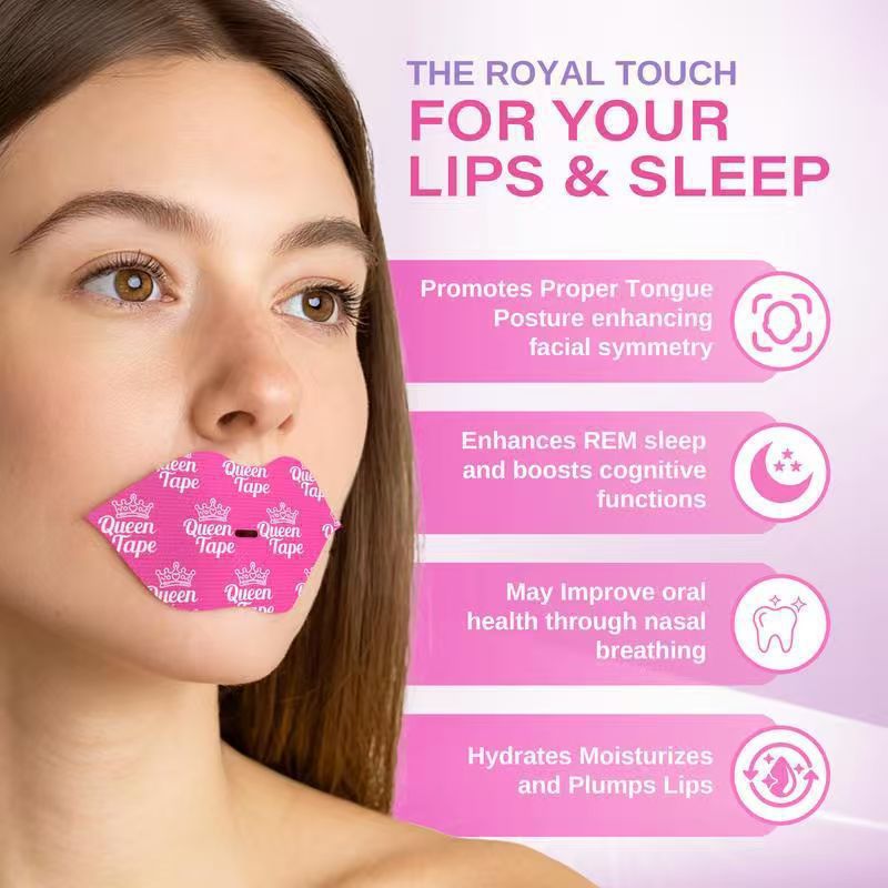 Queen Tape Royal Plump Edition hydrating mouth tape worn by model — promotes nasal breathing, tongue posture, REM sleep, and lip hydration overnight

