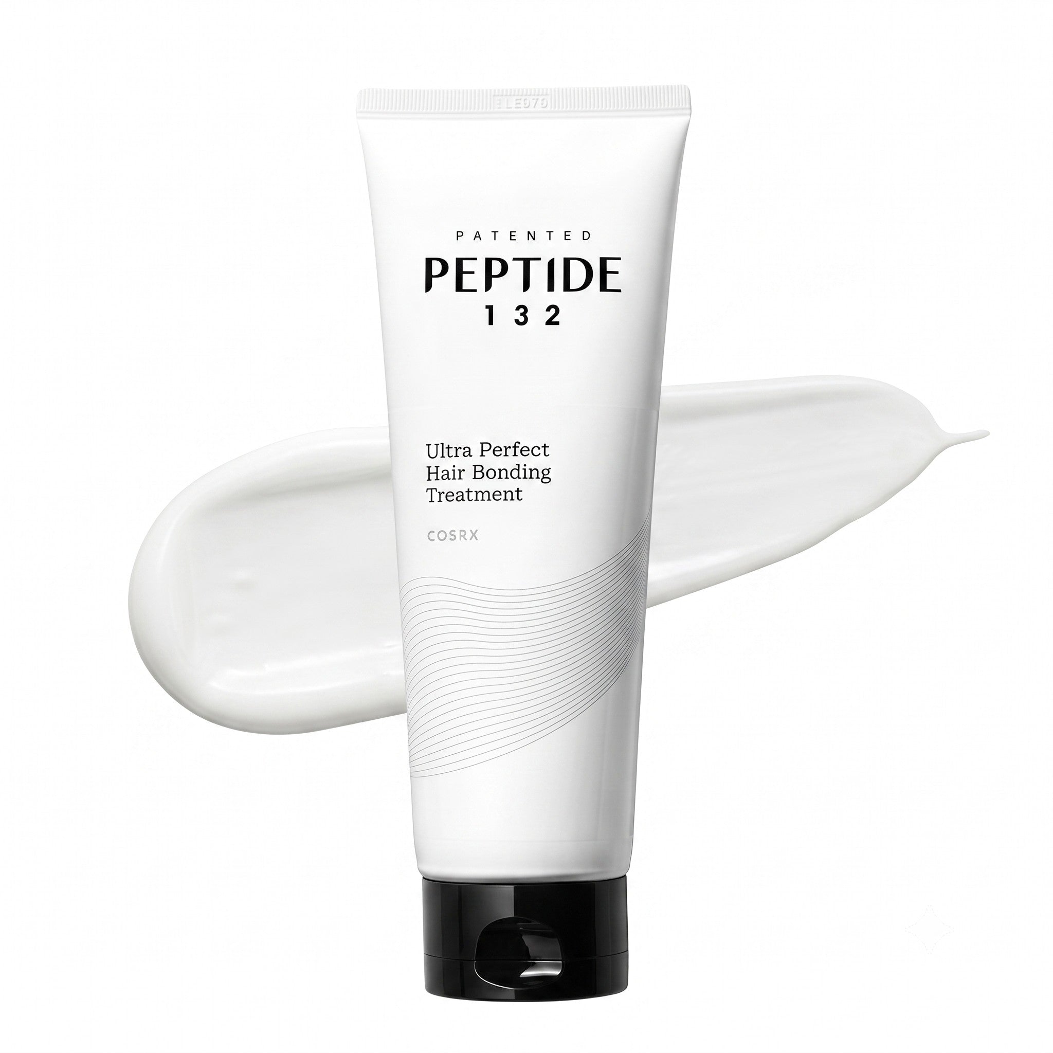 COSRX Peptide-132 Ultra Perfect Hair Bonding Treatment – white tube with black cap and cream texture swatch
