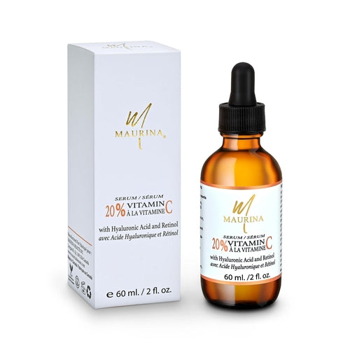 Maurina 20% Vitamin C Serum with Hyaluronic Acid and Retinol, amber glass dropper bottle with white box packaging, 60ml brightening anti-aging serum
