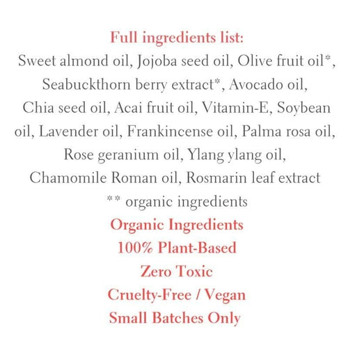Superfood Oil Serum 30ml skincare bottle surrounded by natural superfood ingredients on white background
