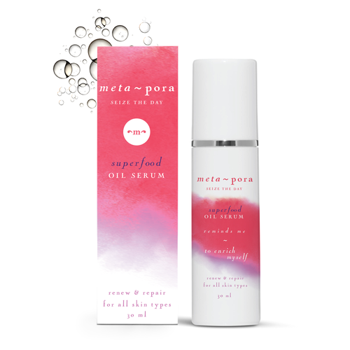 Superfood Oil Serum 30ml bottle with pink gradient label and matching pink box packaging by meta~pora, white background
