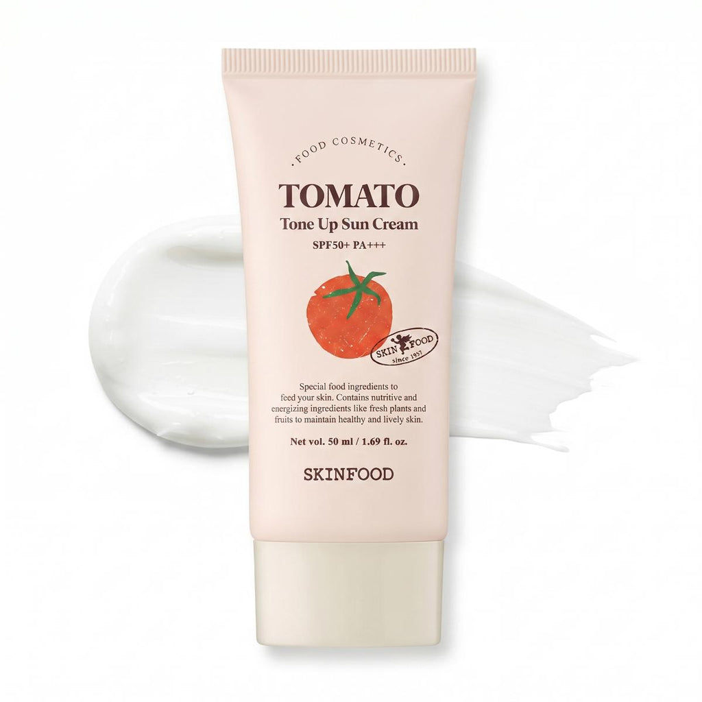 SKINFOOD Tomato Tone Up Sun Cream 50ml SPF50+ PA+++ beige tube with cream swatch — Glow Ritual
