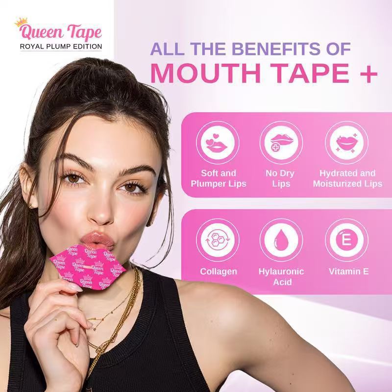 Queen Tape Royal Plump Edition hydrating mouth tape worn by model — promotes nasal breathing, tongue posture, REM sleep, and lip hydration overnight
