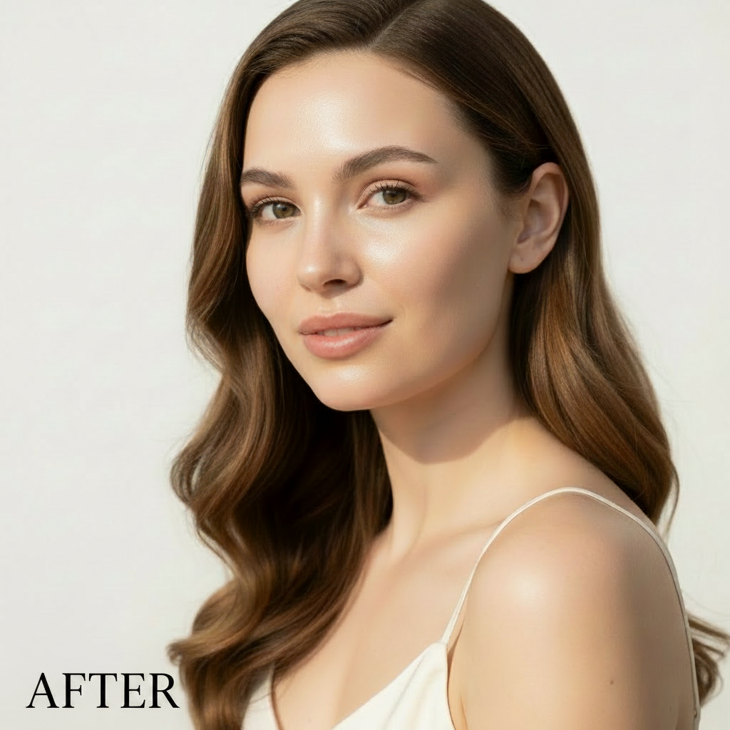 AFTER – Western model close-up with fresh glowing makeup look after TIRTIR setting spray
