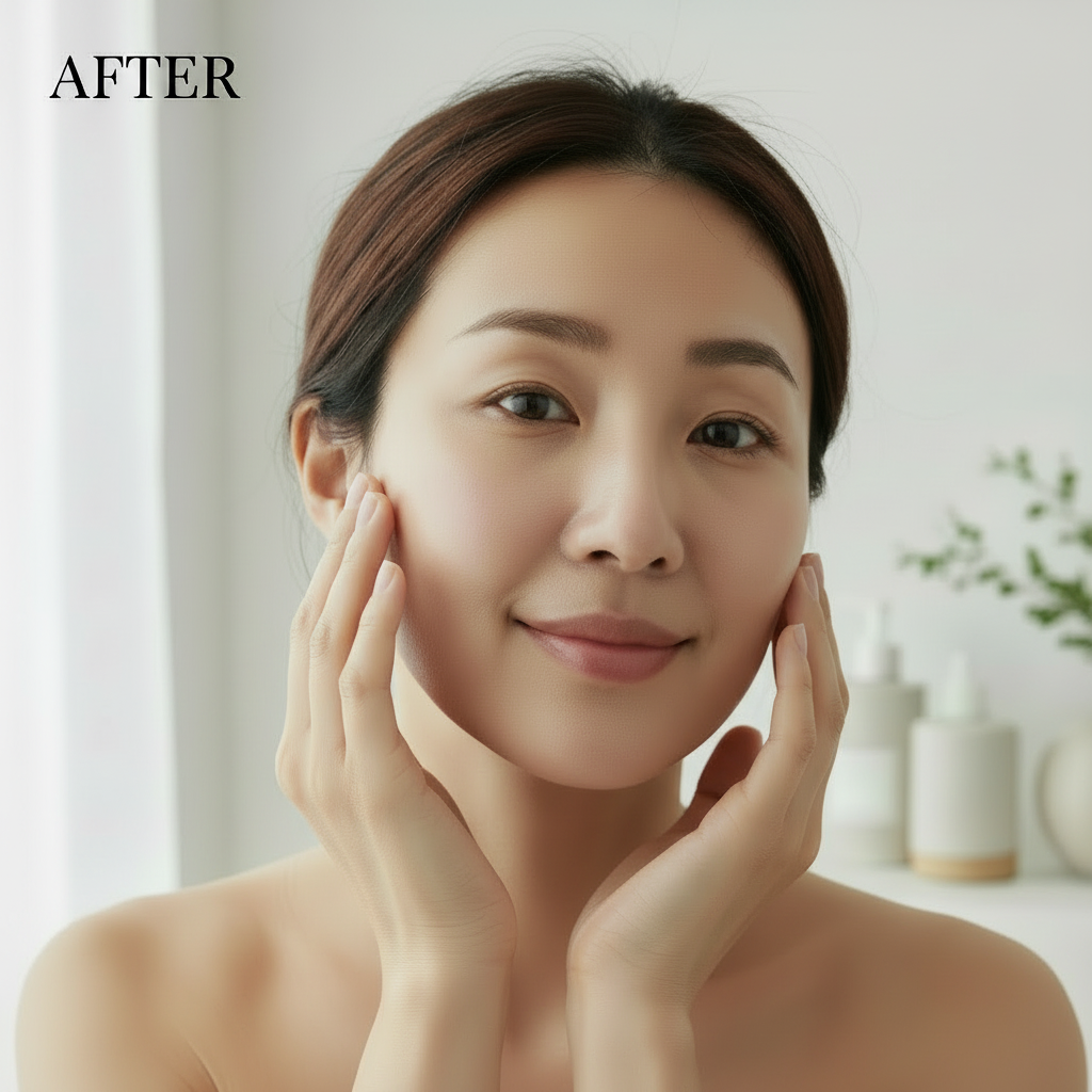MEDICUBE Age-R Glutathione Glow Toner 140ml – Korean model AFTER with visibly brighter glass skin and reduced dark spots after glutathione glow toner routine
