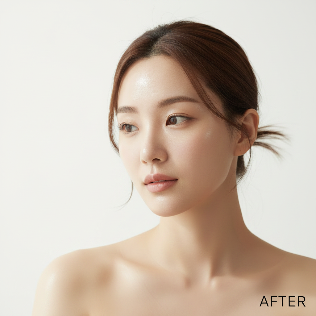 AFTER – Korean model with radiant glowing even skin tone after TIRTIR Mini All Cover Pink Cushion application
