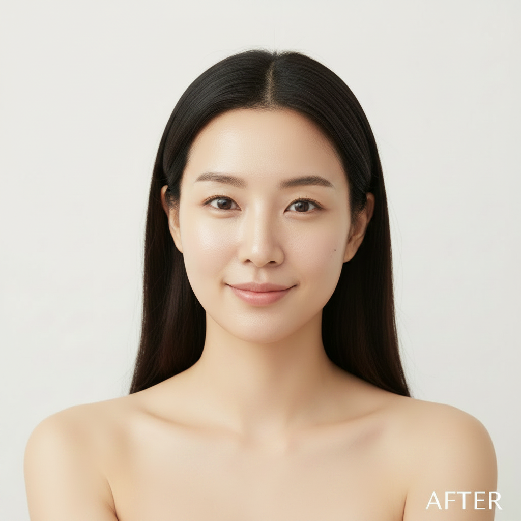AFTER – Korean model with luminous flawless complexion after TIRTIR Mini All Cover Pink Cushion foundation
