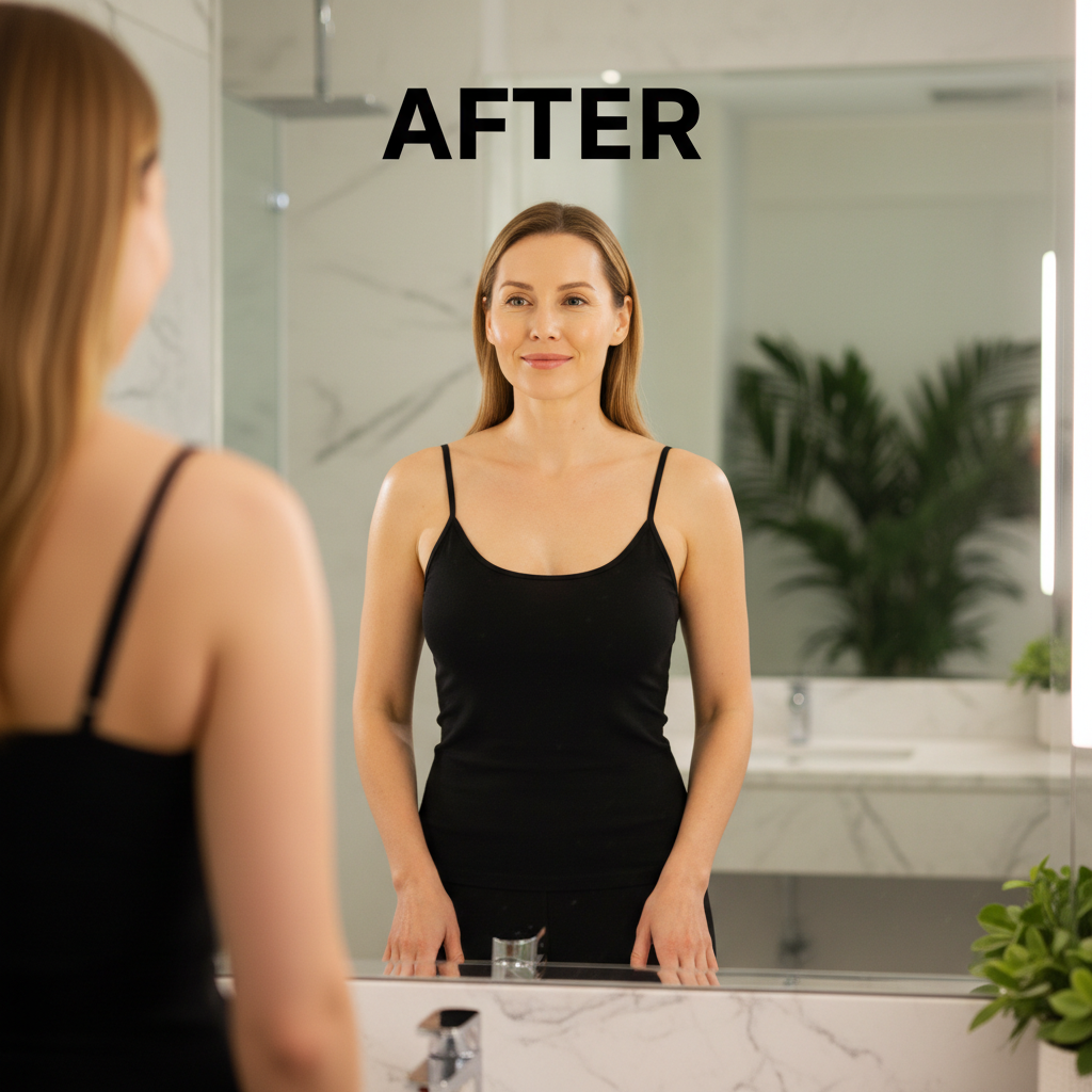 MEDICUBE Age-R Glutathione Glow Toner 140ml – Western model AFTER with luminous glowing complexion and reduced dark spots after glutathione toner use
