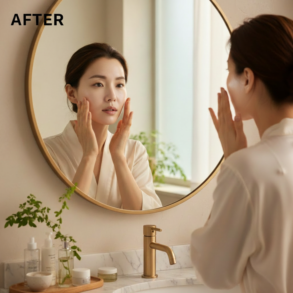 MEDICUBE Age-R Glutathione Glow Toner 140ml – Korean model AFTER with radiant luminous skin reflected in round mirror after glutathione toner skincare routine
